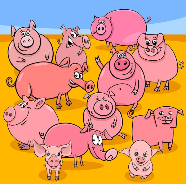 Sarjakuva sikoja tuotantoeläinten merkkiä ryhmä — vektorikuva
