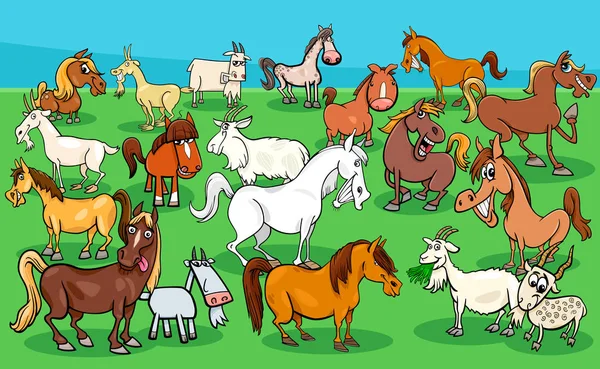 Zeichentrick Illustration Von Lustigen Pferden Und Ziegen Bauernhof Tierfiguren Gruppe — Stockvektor