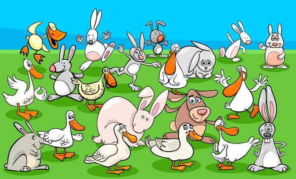 滑稽鸭兔卡通插画农场动物人物群 — 图库矢量图片