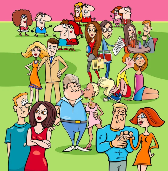 女性と愛グループでは男性のカップルの漫画イラスト — ストックベクタ