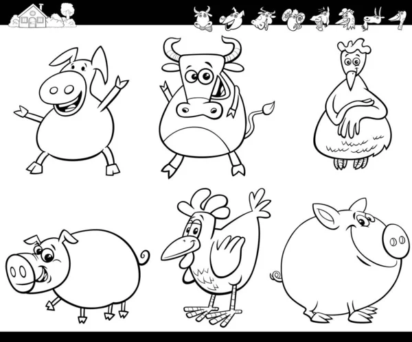 Fumetto animali da fattoria set da colorare libro — Vettoriale Stock