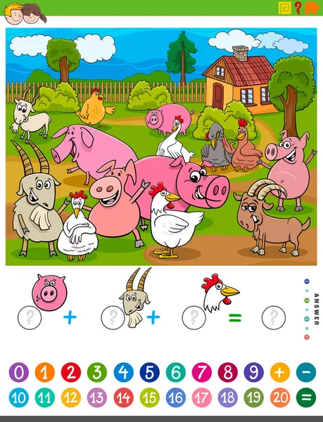 Contagem e adição de tarefa com animais de fazenda de desenhos animados —  Vetores de Stock