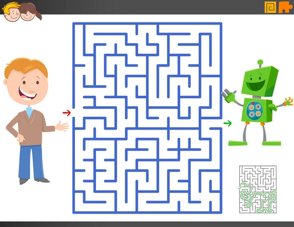 Labirintus játék rajzfilm fiú és vicces játék robot — Stock Vector