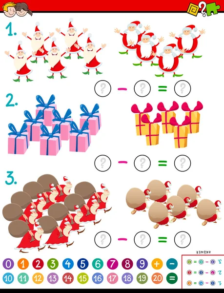 Mathe-Subtraktionsaufgabe für Kinder mit Weihnachtsfiguren — Stockvektor
