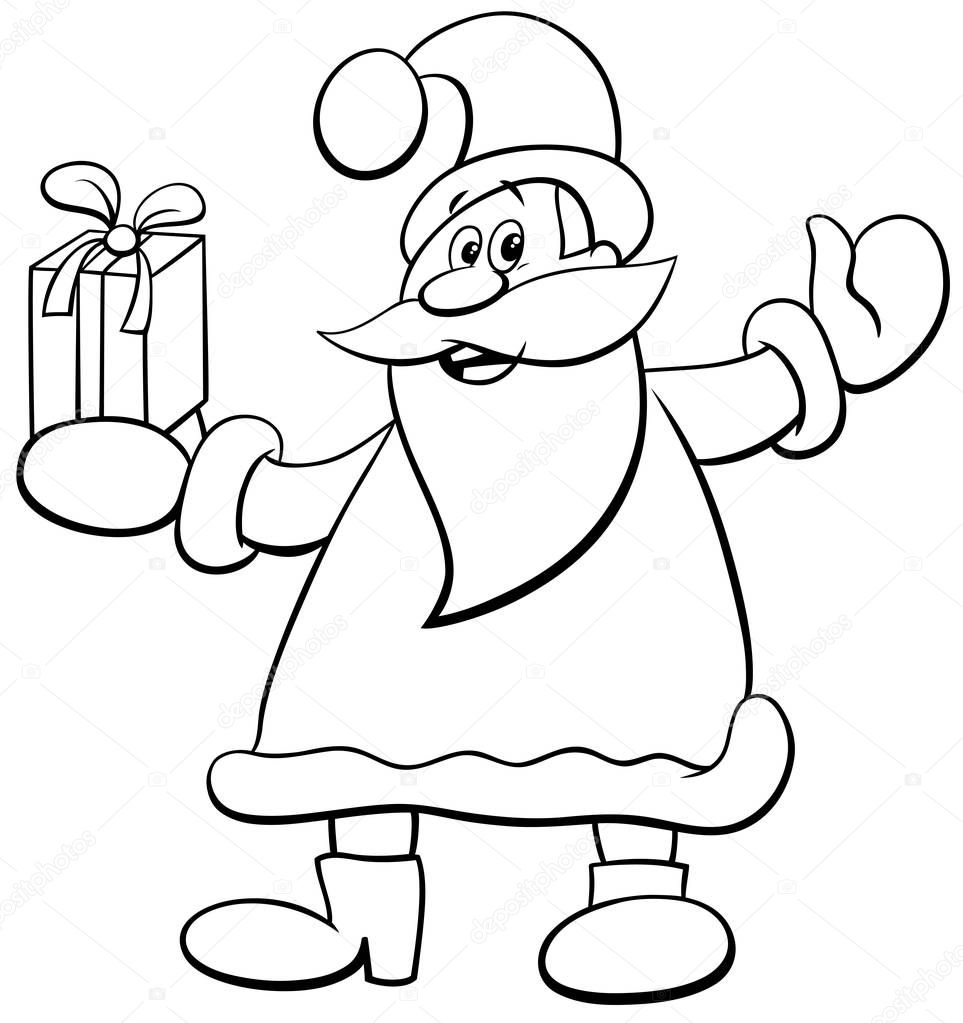 Santa Claus with Christmas present coloring book page
