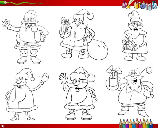 Santa Claus personajes conjunto para colorear página del libro — Vector de stock