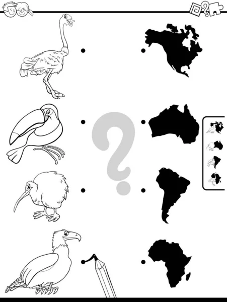 Mérkőzés állatok és kontinensek játék kifestőkönyv — Stock Vector
