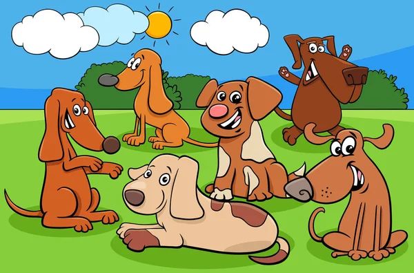 Feliz grupo de personajes de dibujos animados perro — Vector de stock