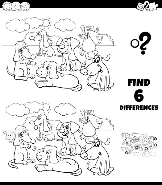 Diferenças colorir jogo com cães personagens animais —  Vetores de Stock