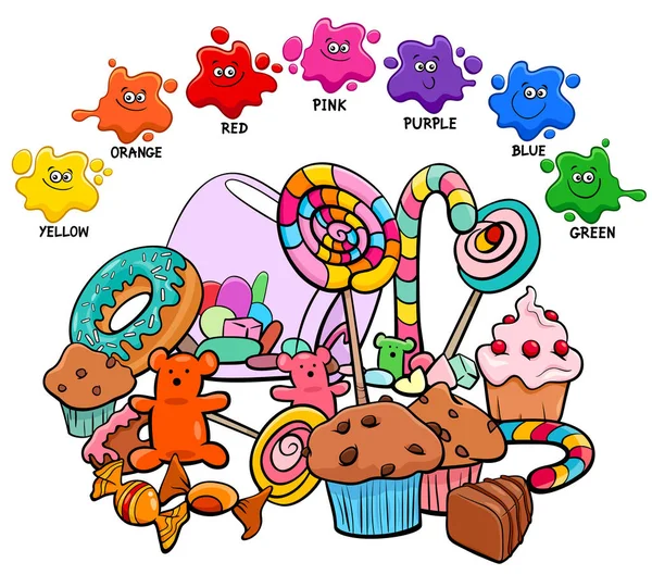Βασικά χρώματα με ομάδα γλυκών αντικειμένων τροφίμων — Διανυσματικό Αρχείο