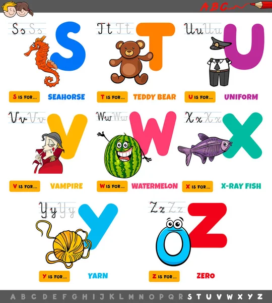 Educational cartoon alphabet letters set from S to Z — Stock Vector