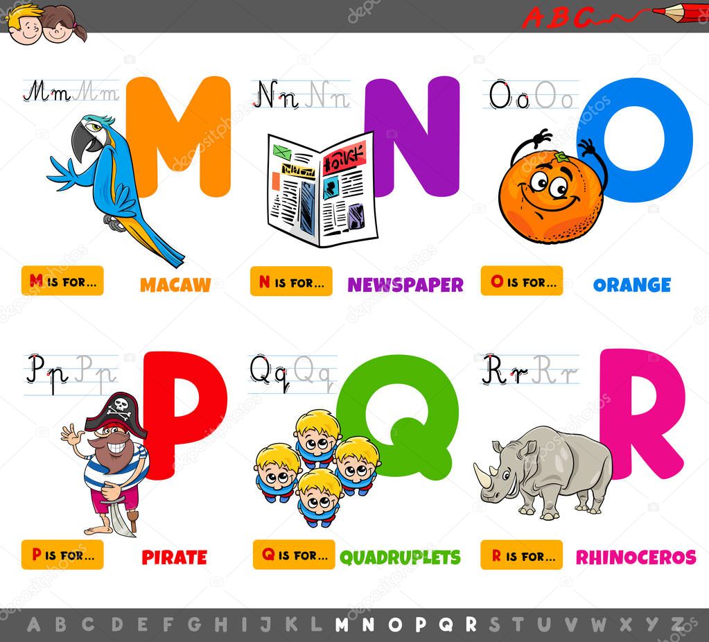 educational cartoon alphabet letters set from M to R