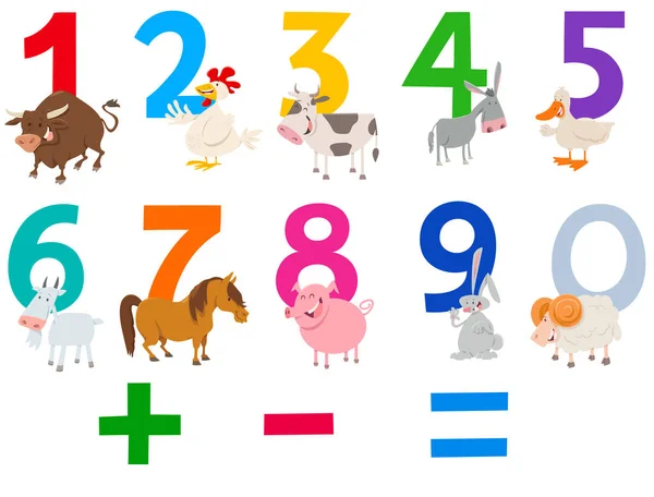 Numbers set with happy farm animals — Stock Vector