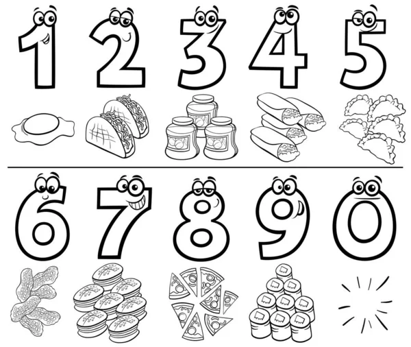 Números de dibujos animados conjunto con objetos de comida libro de color — Vector de stock