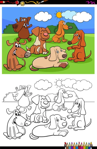 Köpekler ve köpek yavruları karakter grubu renk kitabı — Stok Vektör