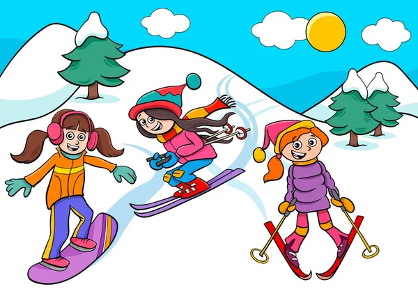 Snowboard und Skifahren Mädchen Cartoon-Illustration — Stockvektor