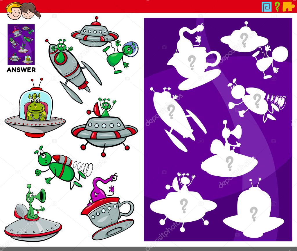 matching shapes game with cartoon alien characters