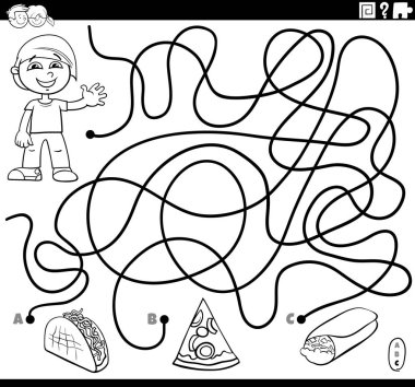 Erkek ve yiyecek nesneleri renk kitabıyla labirent oyunu