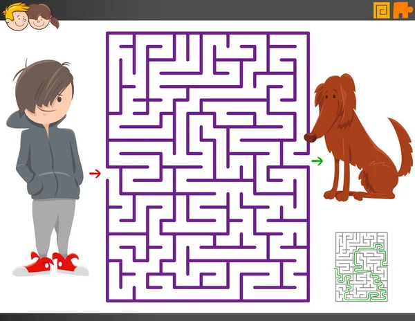 Labyrint spel med tecknad pojke och hund karaktär — Stock vektor