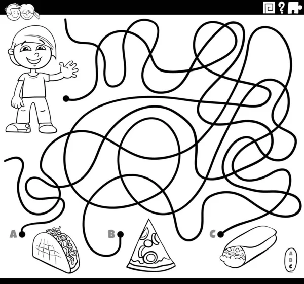 Jogo de labirinto com menino e objetos de comida livro de cores — Vetor de Stock