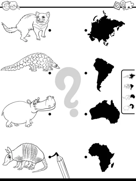 Match animals and continents game coloring book — Stock Vector