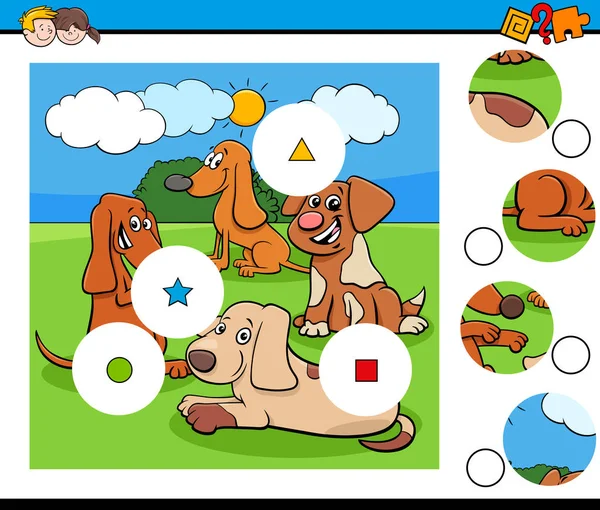 Jogo peças quebra-cabeça com cães bonitos personagens — Vetor de Stock