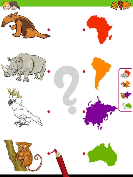 Zápas zvířata a kontinenty vzdělávací hra pro děti — Stockový vektor