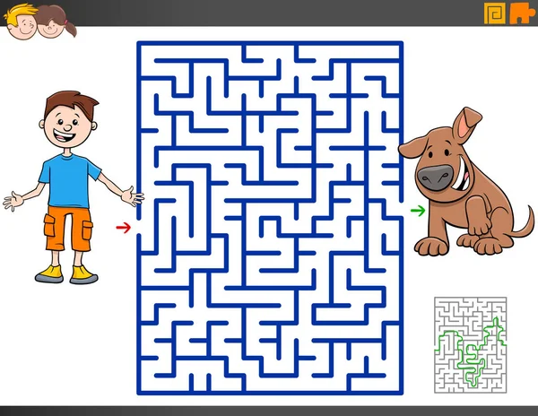 Doolhof spel met cartoon jongen en puppy hond — Stockvector