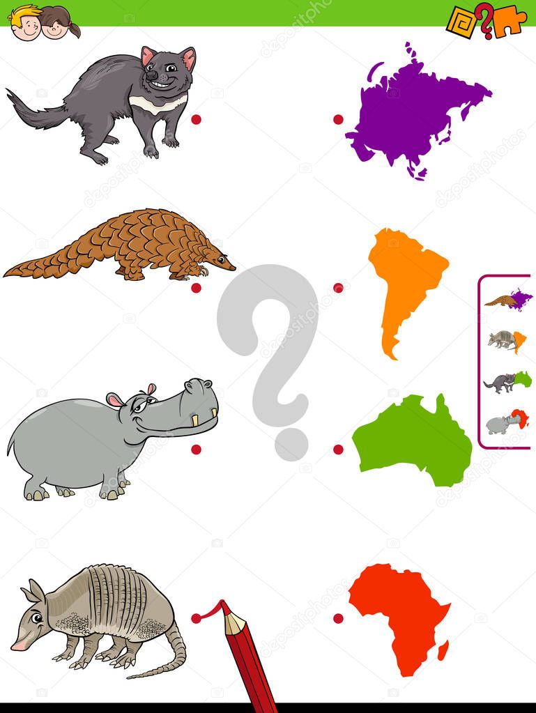 match animals and continents educational task for kids