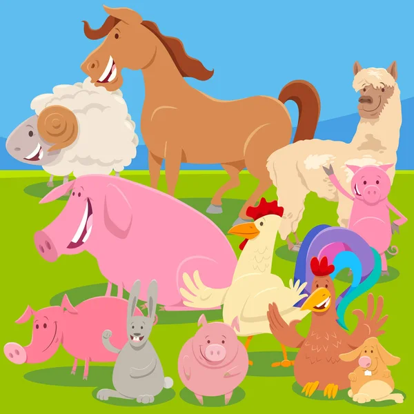 Meadow çizgi film çizimleri üzerinde çiftlik hayvanları — Stok Vektör