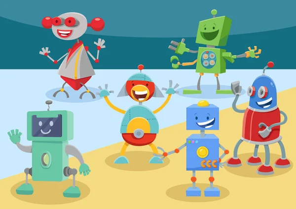 Engraçado robôs desenhos animados personagens grupo — Vetor de Stock
