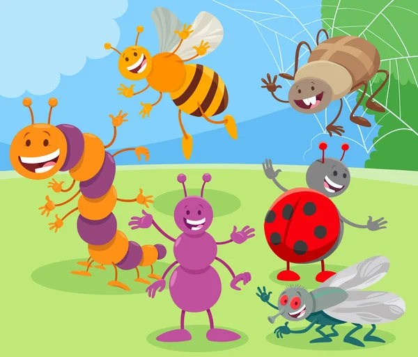 Divertido dibujos animados insectos animales personajes grupo — Vector de stock