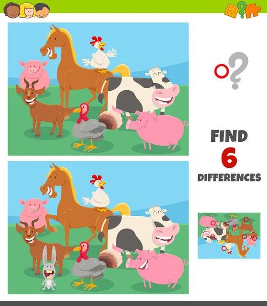 Çiftlik hayvanı karakterleri grubuyla farklılık oyunu — Stok Vektör