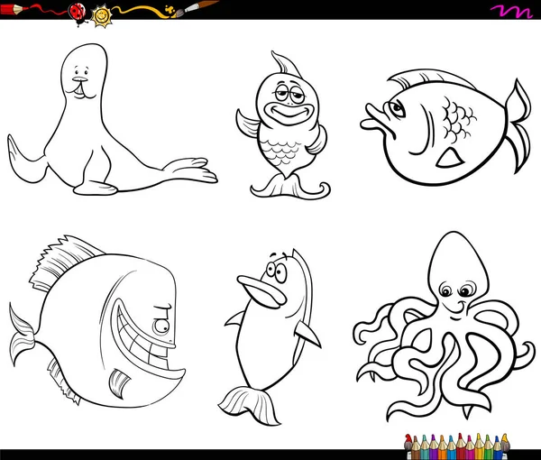 Cartoon sea life animal characters coloring book page — Stock Vector