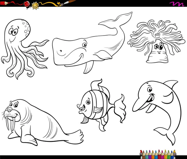 Cartoon sea animal characters coloring book page — Stock Vector