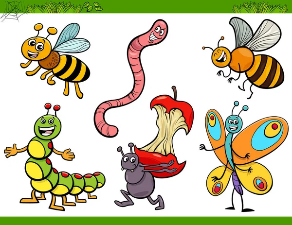 Divertente insetti personaggi set cartone animato illustrazione — Vettoriale Stock