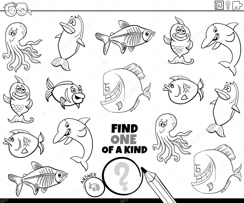 one of a kind game with sea animals color book page