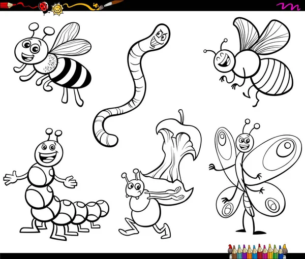 Caricature insectes personnages coloriage livre page — Image vectorielle