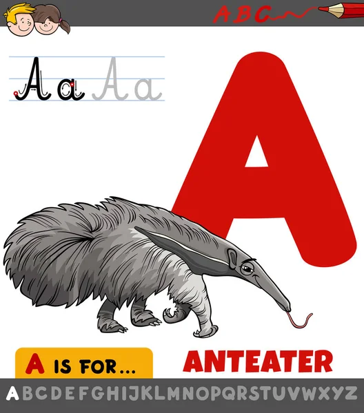 Буква A worksheet with cartoon anteater — стоковый вектор