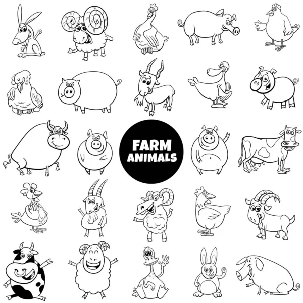 Cartoon farm animal caracteres preto e branco conjunto —  Vetores de Stock