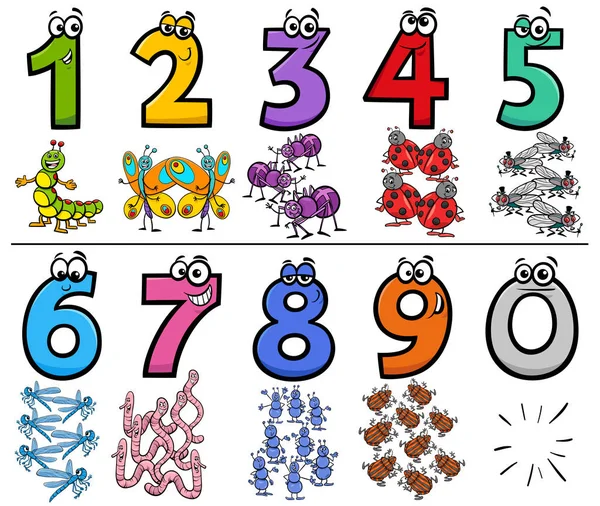 Números educativos de dibujos animados con personajes de insectos — Vector de stock