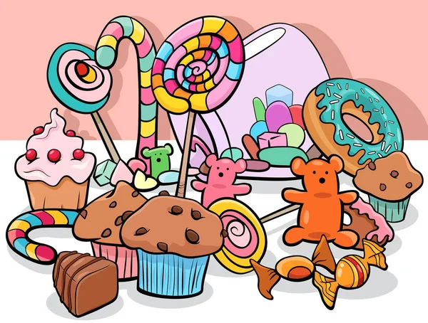 Sweet food objects group cartoon illustration — Stock Vector