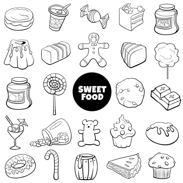 Kartun hitam dan putih set benda makanan manis - Stok Vektor