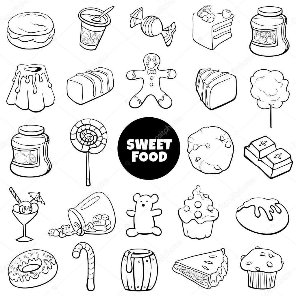 black and white cartoon sweet food objects set