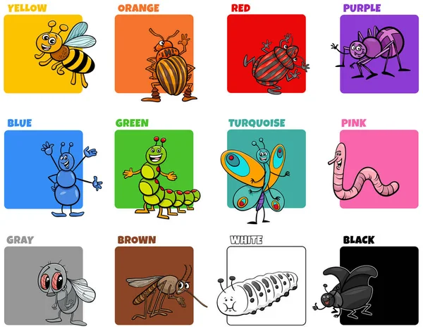 Basic colors set with cartoon insect characters — Stock Vector