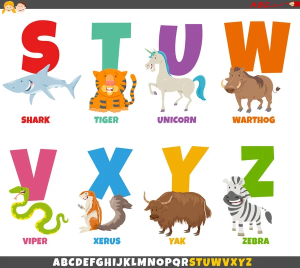 Alphabet de dessin animé avec des caractères animaux — Image vectorielle