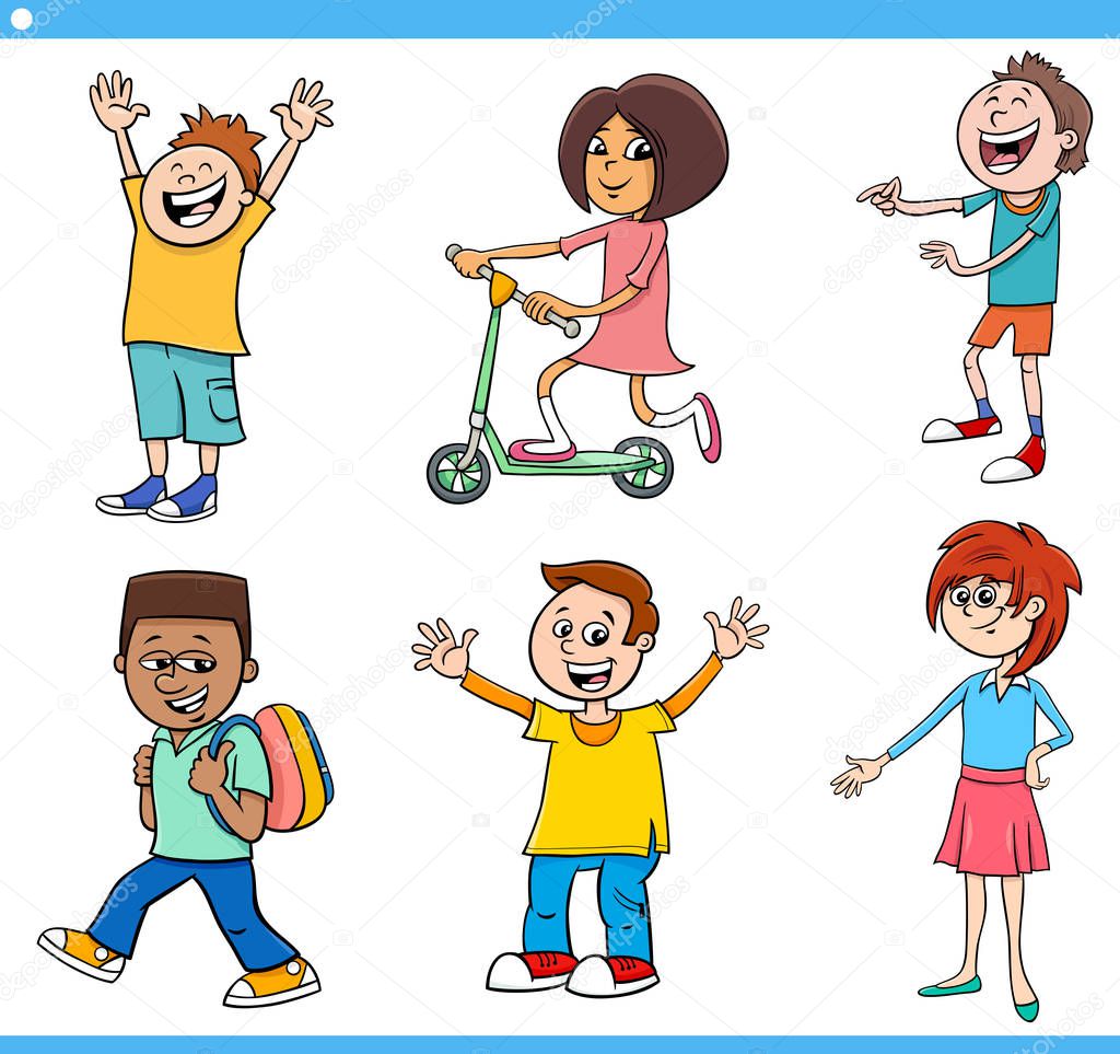 cartoon happy kids and teens characters set