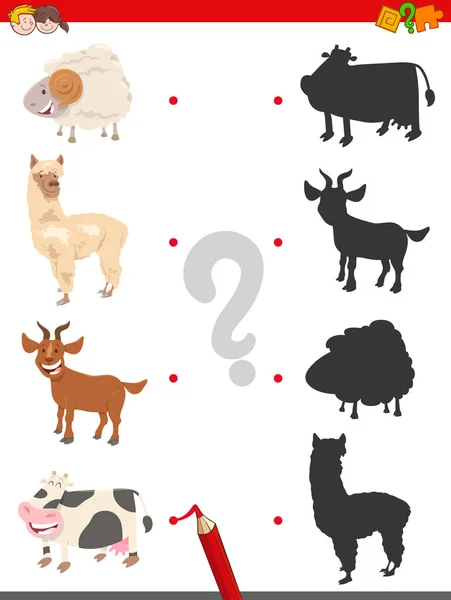 Jeu d'ombre avec des personnages animaux de ferme drôles — Image vectorielle