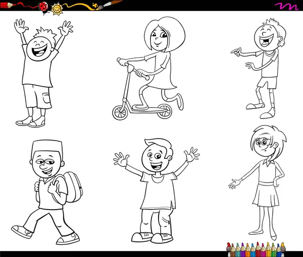 Cartoon children characters coloring book page — Stock Vector