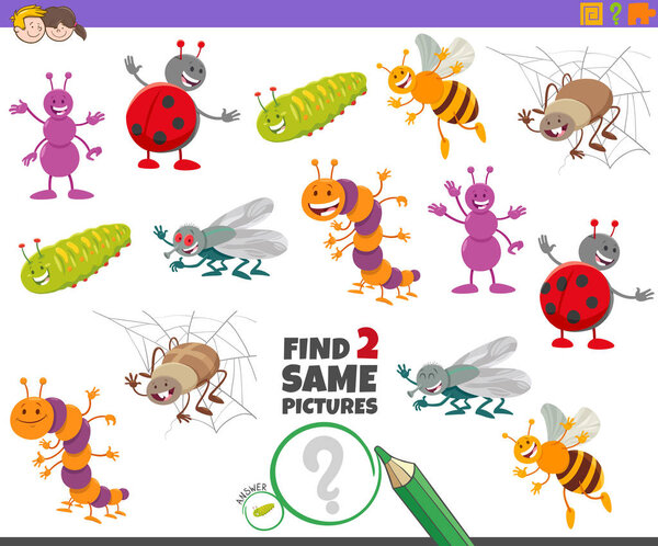 найти два одинаковых насекомых персонажей игры для детей
